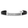 Black braided leather bracelet with silver chain on a white background