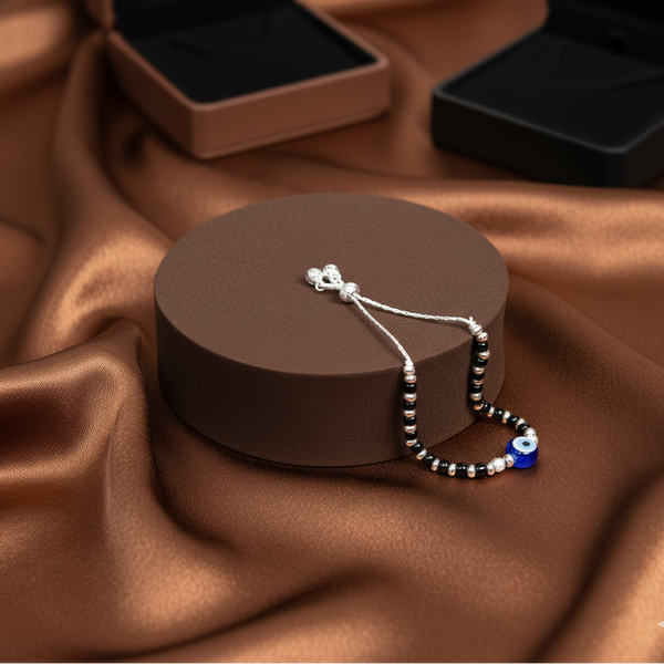 Kids Evil Eye Silver Beaded Anklet