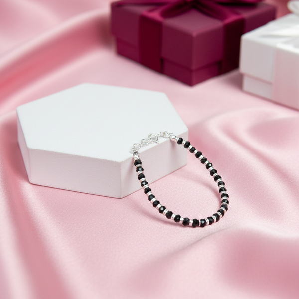 Kids Black Beaded Silver Anklet