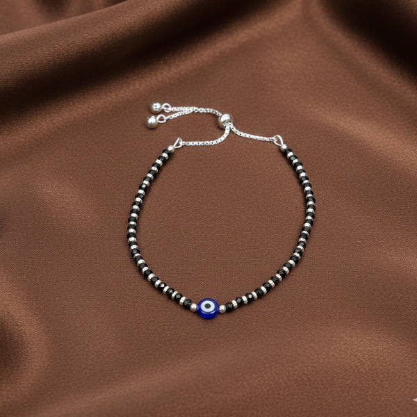 Kids Evil Eye Black Beads Silver Anklet (Adjustable)
