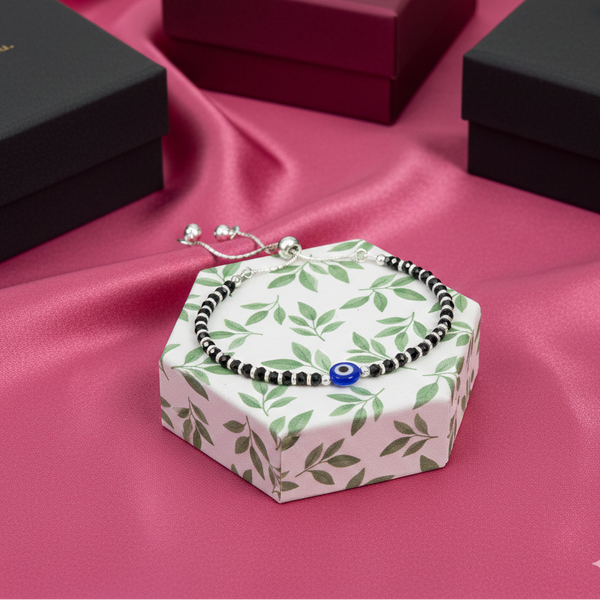 Kids Evil Eye Black Beads Silver Anklet (Adjustable)