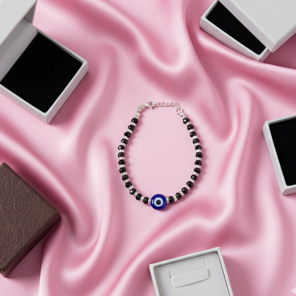 Evil Eye Kids Anklet – Black Beads Silver Finish Protective Anklet