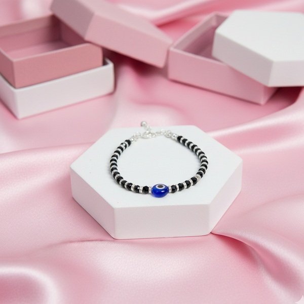 Evil Eye Kids Anklet – Black Beads Silver Finish Protective Anklet