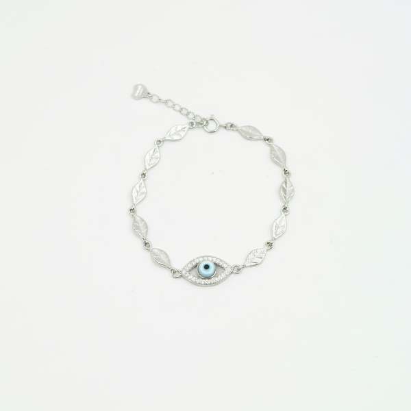 Silver bracelet with blue Evil Eye charm and leaf-shaped links displayed on a white background.
