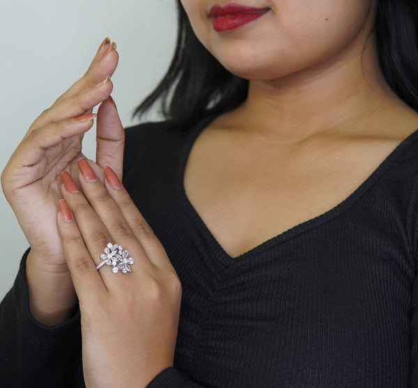 Handcrafted silver-plated statement ring with diamond-style floral design, elegant women’s fashion jewelry perfect for weddings and parties.