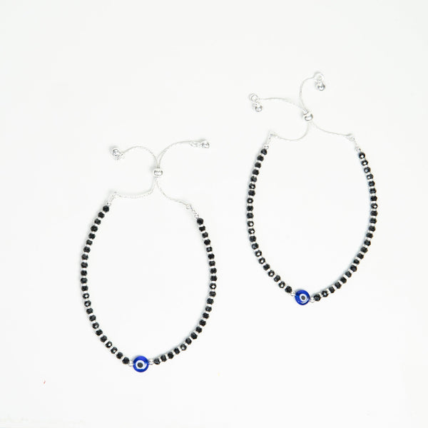 Kids Evil Eye Black Beads Silver Anklet (Adjustable)