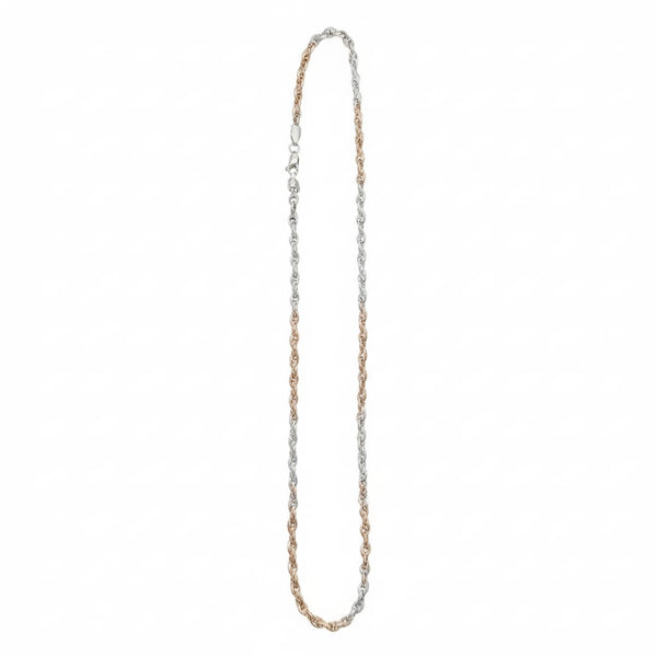 two tone chain necklace with alternating silver and rose gold links on a white background