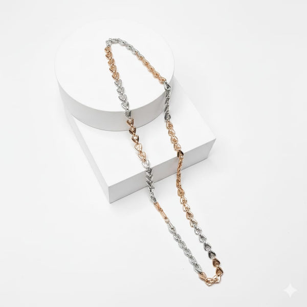 Two-layered necklace with gold, silver, and rose gold tones on a white background