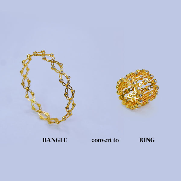 Gold bangle and ring on a light blue background with text indicating conversion.