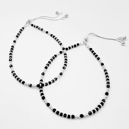 Black Beaded Silver Anklet