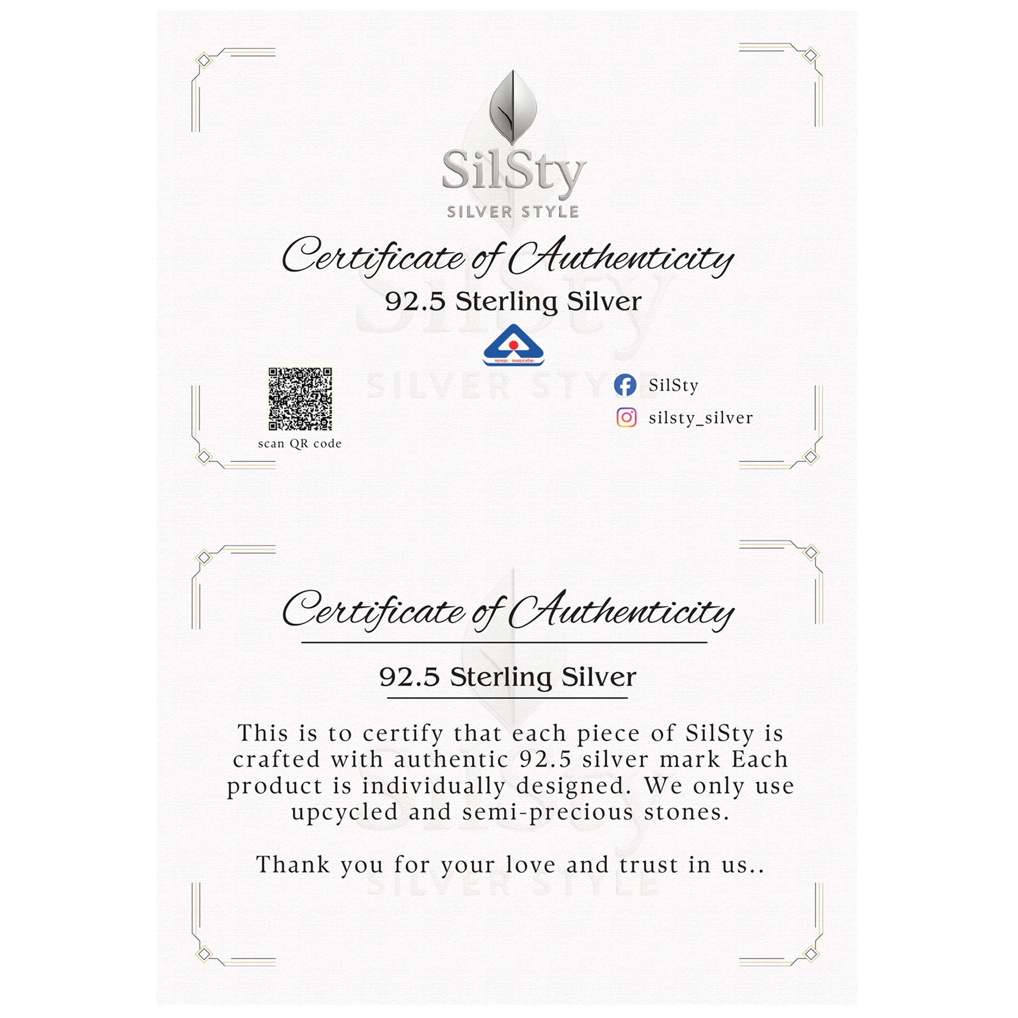SilSty Certificate of Authenticity for 92.5 Sterling Silver product