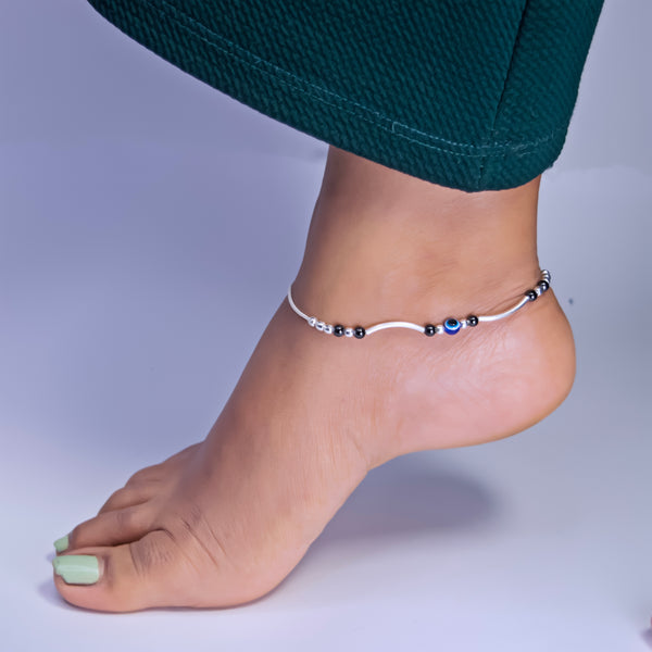 Pure Silver Evil Eye Anklet with Black Beads