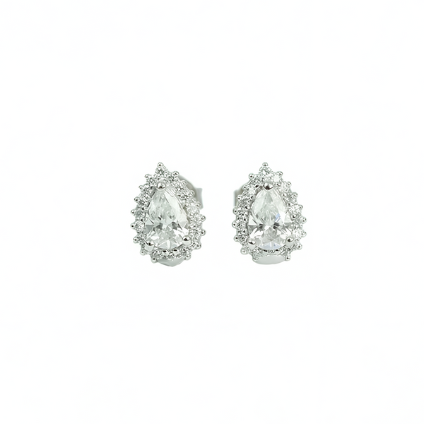 Radiant Pear Halo Silver Stud Earrings for Women
