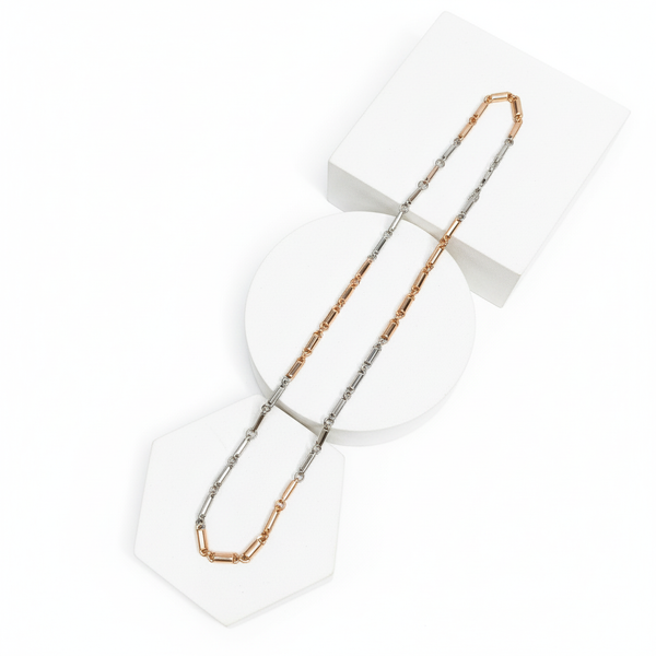 Two tone silver and gold necklace chain on a white background