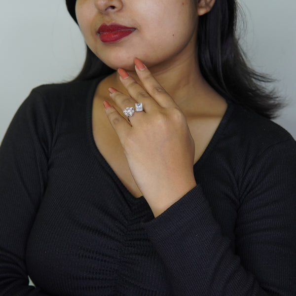 Modern adjustable silver ring with crystal and floral accents