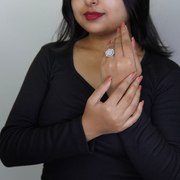 Silver plated hexagon crystal ring with sparkling baguette stones