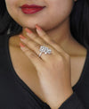 Handcrafted silver-plated statement ring with diamond-style floral design, elegant women’s fashion jewelry perfect for weddings and parties.