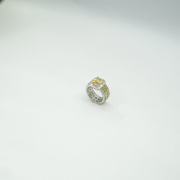 Luxury golden yellow cushion cut crystal ring for women in silver finish