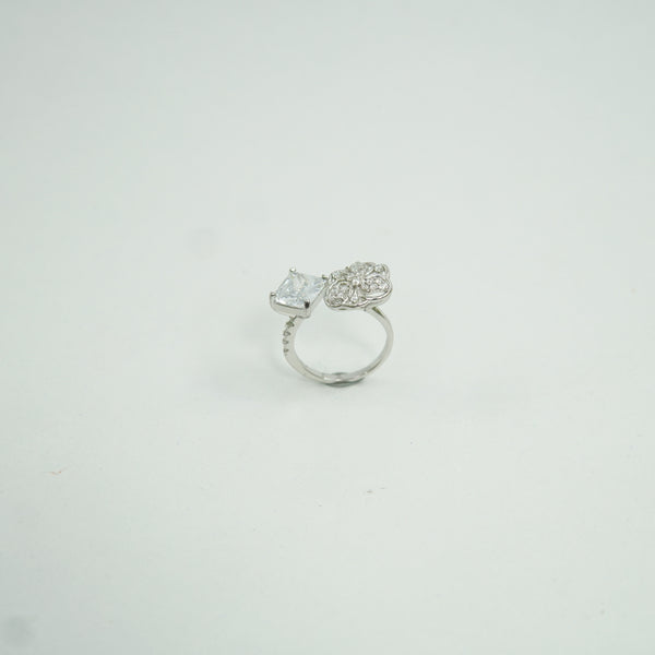 Elegant dual stone silver open ring for women with crystal and floral design