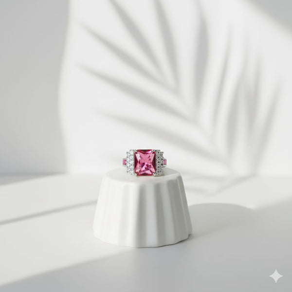 Ring with a pink gemstone on a white pedestal against a light background